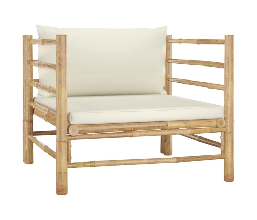 Set de muebles de jardín 5 piezas bambú y cojines blanco crema