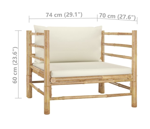 Set de muebles de jardín 5 piezas bambú y cojines blanco crema