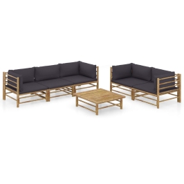 Set de muebles de jardín 6 piezas bambú con cojines gris oscuro