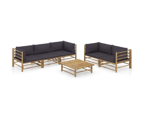 Set de muebles de jardín 6 piezas bambú con cojines gris oscuro