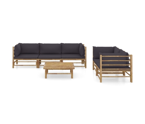 Set de muebles de jardín 6 piezas bambú con cojines gris oscuro