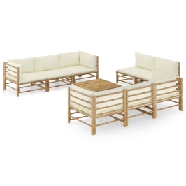 Set de muebles de jardín 9 piezas bambú y cojines blanco crema