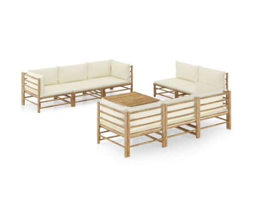 Set de muebles de jardín 9 piezas bambú y cojines blanco crema