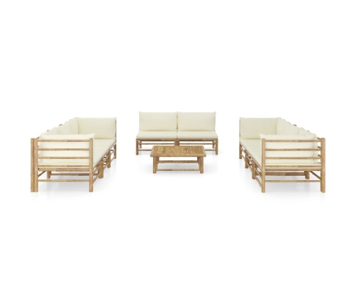 Set de muebles de jardín 9 piezas bambú y cojines blanco crema
