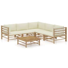 Set de muebles de jardín 6 piezas bambú y cojines blanco crema