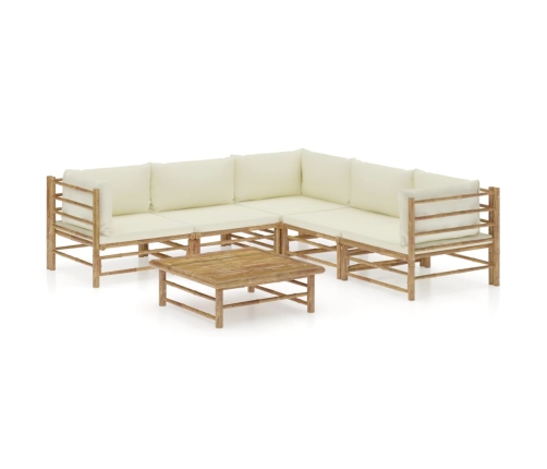 Set de muebles de jardín 6 piezas bambú y cojines blanco crema