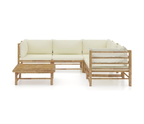 Set de muebles de jardín 6 piezas bambú y cojines blanco crema