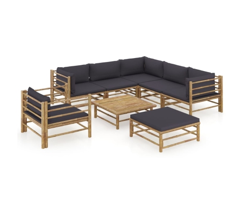 Set de muebles de jardín 8 piezas bambú con cojines gris oscuro