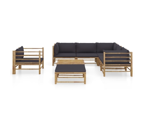 Set de muebles de jardín 8 piezas bambú con cojines gris oscuro