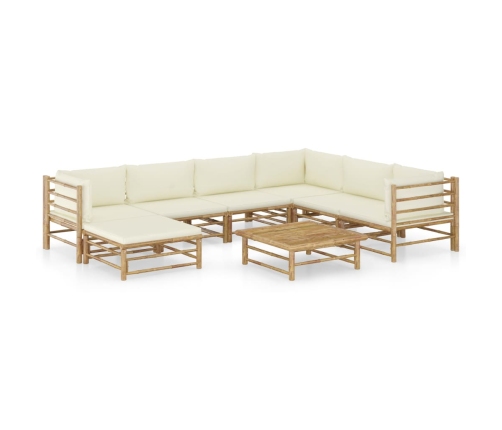 Set de muebles de jardín 8 piezas bambú y cojines blanco crema