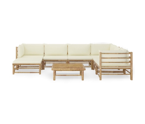 Set de muebles de jardín 8 piezas bambú y cojines blanco crema