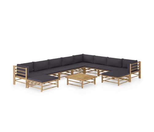 Set de muebles de jardín 11 pzas bambú con cojines gris oscuro