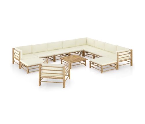 Set de muebles de jardín 12 piezas bambú y cojines blanco crema
