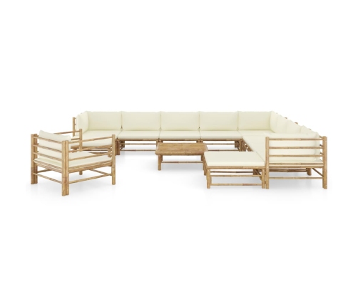 Set de muebles de jardín 12 piezas bambú y cojines blanco crema