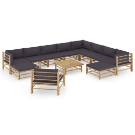 Set de muebles de jardín 12 pzas bambú con cojines gris oscuro
