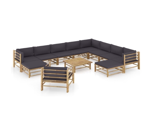 Set de muebles de jardín 12 pzas bambú con cojines gris oscuro
