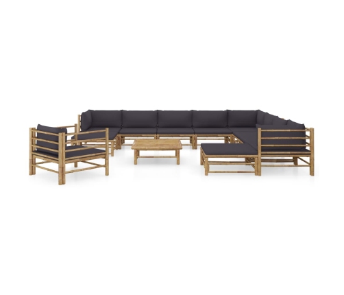 Set de muebles de jardín 12 pzas bambú con cojines gris oscuro