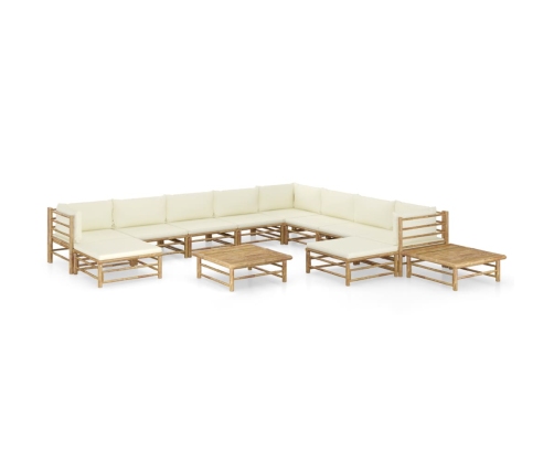 Set de muebles de jardín 12 piezas bambú y cojines blanco crema