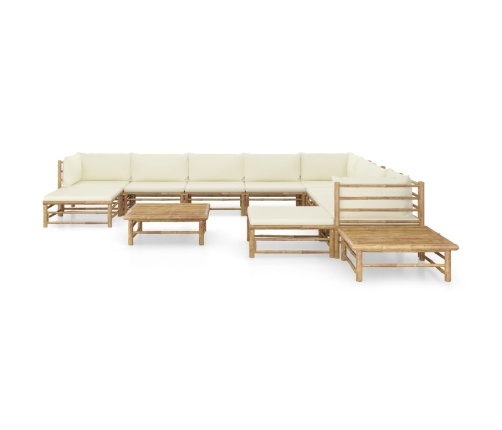 Set de muebles de jardín 12 piezas bambú y cojines blanco crema