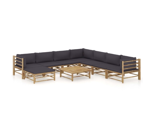 Set de muebles de jardín 9 piezas bambú con cojines gris oscuro