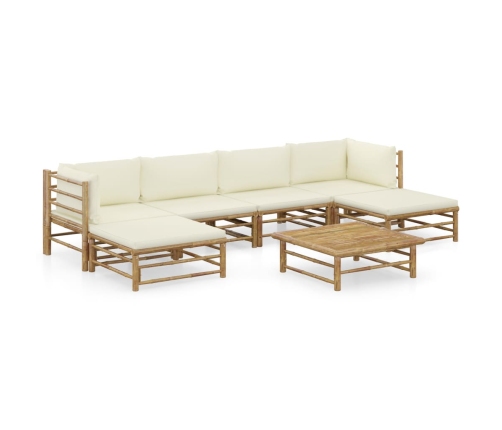 Set de muebles de jardín 7 piezas bambú y cojines blanco crema