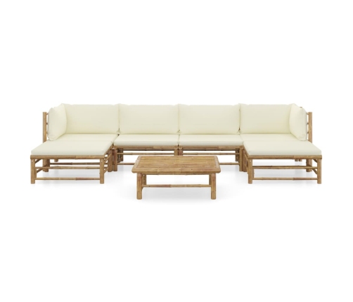 Set de muebles de jardín 7 piezas bambú y cojines blanco crema