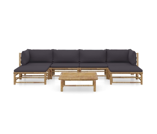 Set de muebles de jardín 7 piezas bambú con cojines gris oscuro