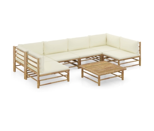 Set de muebles de jardín 7 piezas bambú y cojines blanco crema