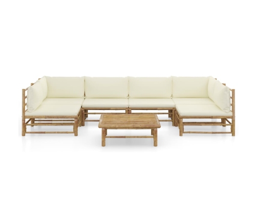 Set de muebles de jardín 7 piezas bambú y cojines blanco crema