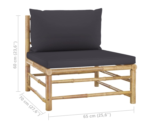 Set de muebles de jardín 6 piezas bambú con cojines gris oscuro