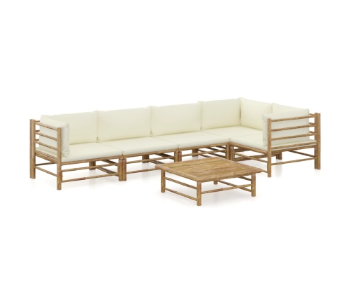 Set de muebles de jardín 6 piezas bambú y cojines blanco crema