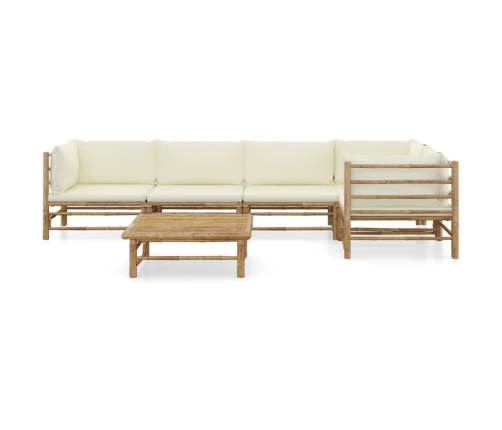 Set de muebles de jardín 6 piezas bambú y cojines blanco crema