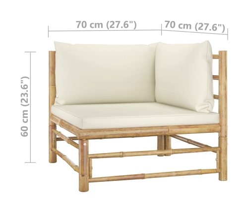 Set de muebles de jardín 6 piezas bambú y cojines blanco crema