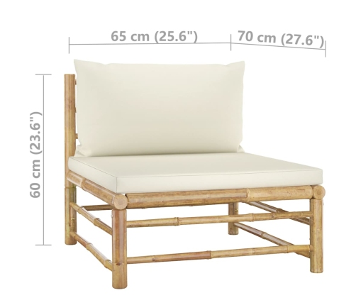 Set de muebles de jardín 6 piezas bambú y cojines blanco crema