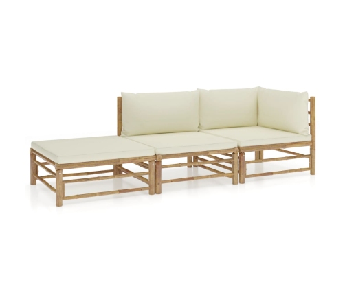 Set de muebles de jardín 3 piezas bambú y cojines blanco crema
