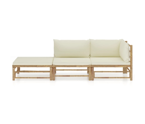 Set de muebles de jardín 3 piezas bambú y cojines blanco crema