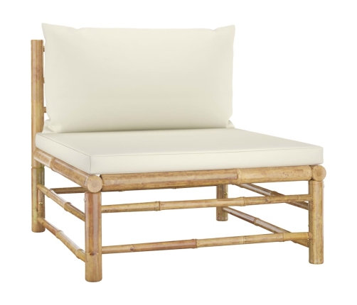 Set de muebles de jardín 3 piezas bambú y cojines blanco crema