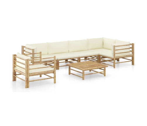 Set de muebles de jardín 7 piezas bambú y cojines blanco crema