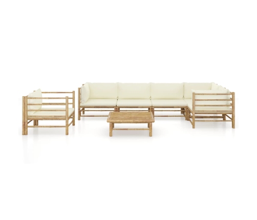 Set de muebles de jardín 7 piezas bambú y cojines blanco crema