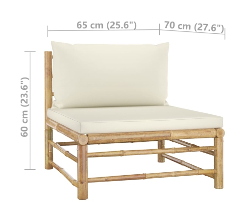 Set de muebles de jardín 7 piezas bambú y cojines blanco crema