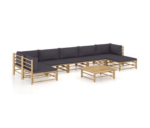 Set de muebles de jardín 8 piezas bambú con cojines gris oscuro