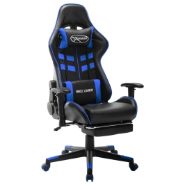 Silla de gaming con reposapiés cuero sintético negro y azul