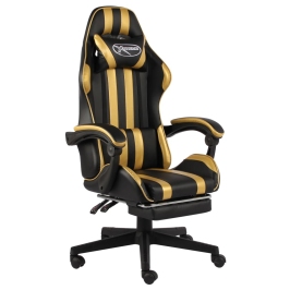 Silla gaming con reposapiés cuero sintético negro y dorado