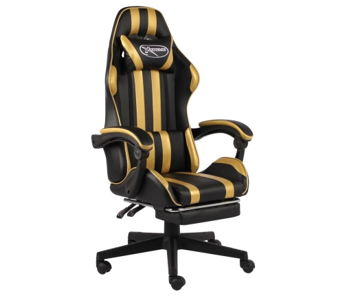 Silla gaming con reposapiés cuero sintético negro y dorado