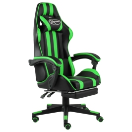 Silla gaming con reposapiés cuero sintético negro y verde