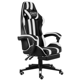 Silla gaming con reposapiés cuero sintético negro y blanco