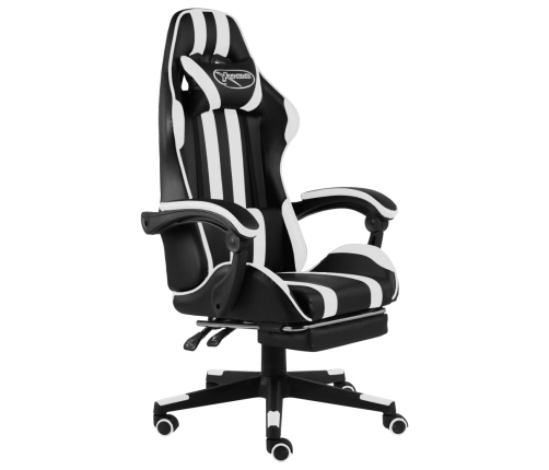 Silla gaming con reposapiés cuero sintético negro y blanco