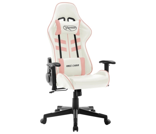 Silla de gaming de cuero sintético blanco y rosa