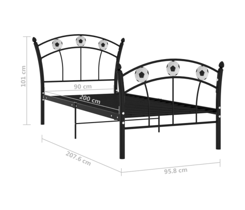 Estructura de cama con diseño de fútbol metal negro 90x200 cm