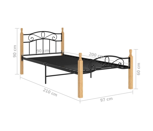 Estructura de cama madera maciza de roble metal negro 90x200 cm